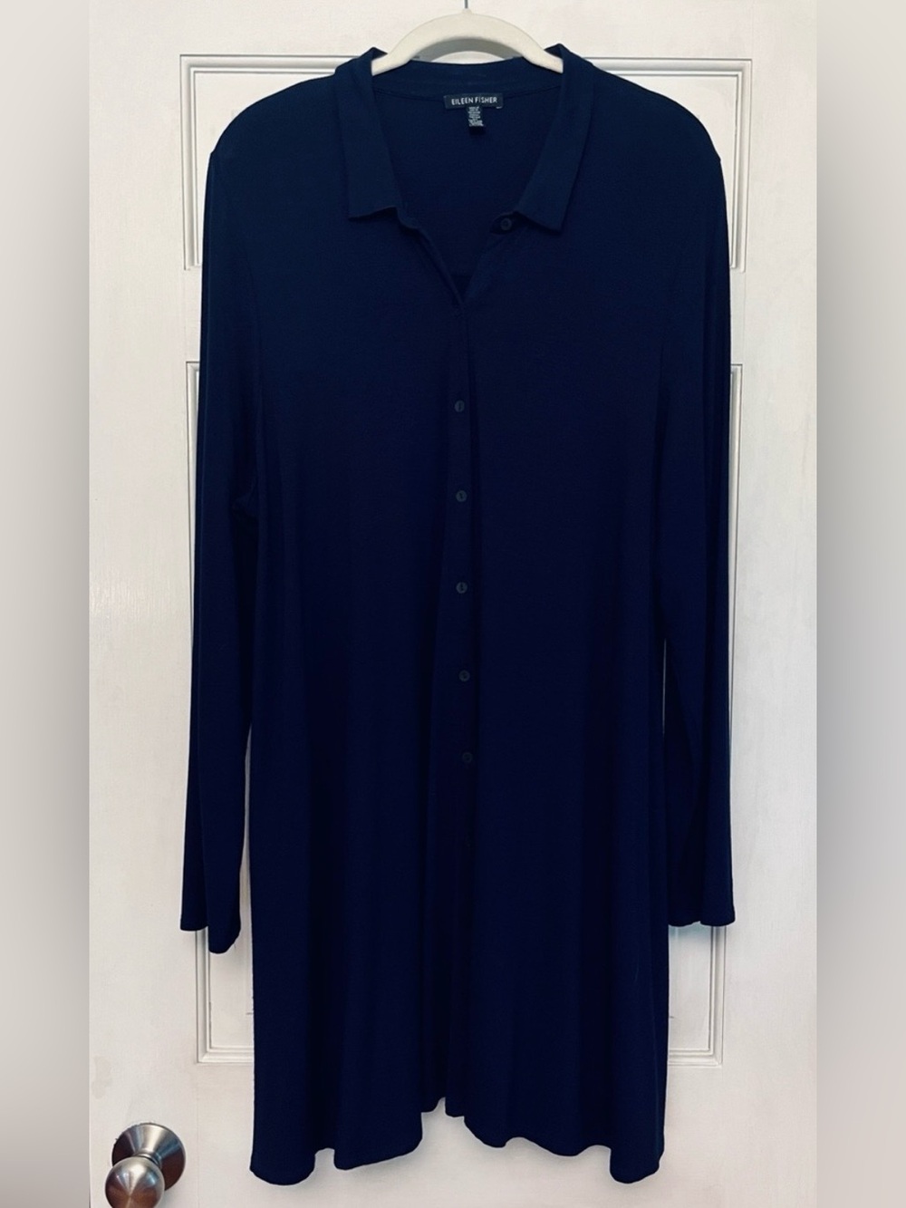 Eileen Fisher Navy Viscose Jersey Button Front Collared Tunic